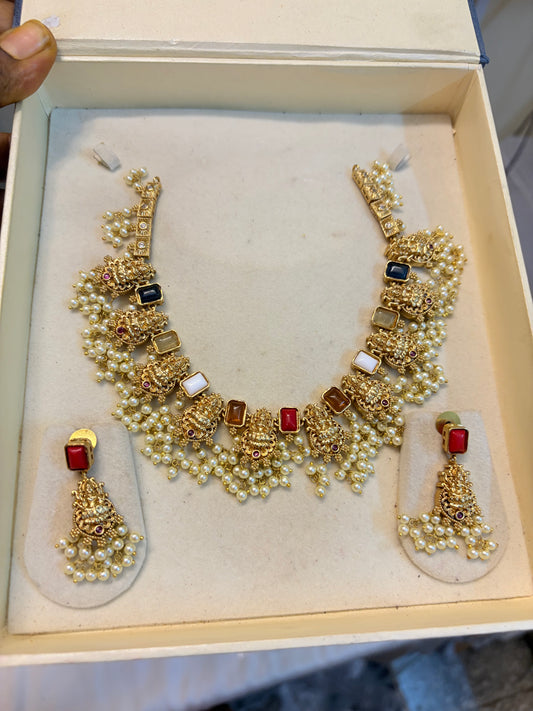 Gold Nakshi jadau Navaratna necklace set