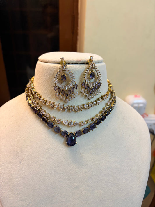Zirconium three layer purple jadau necklace set