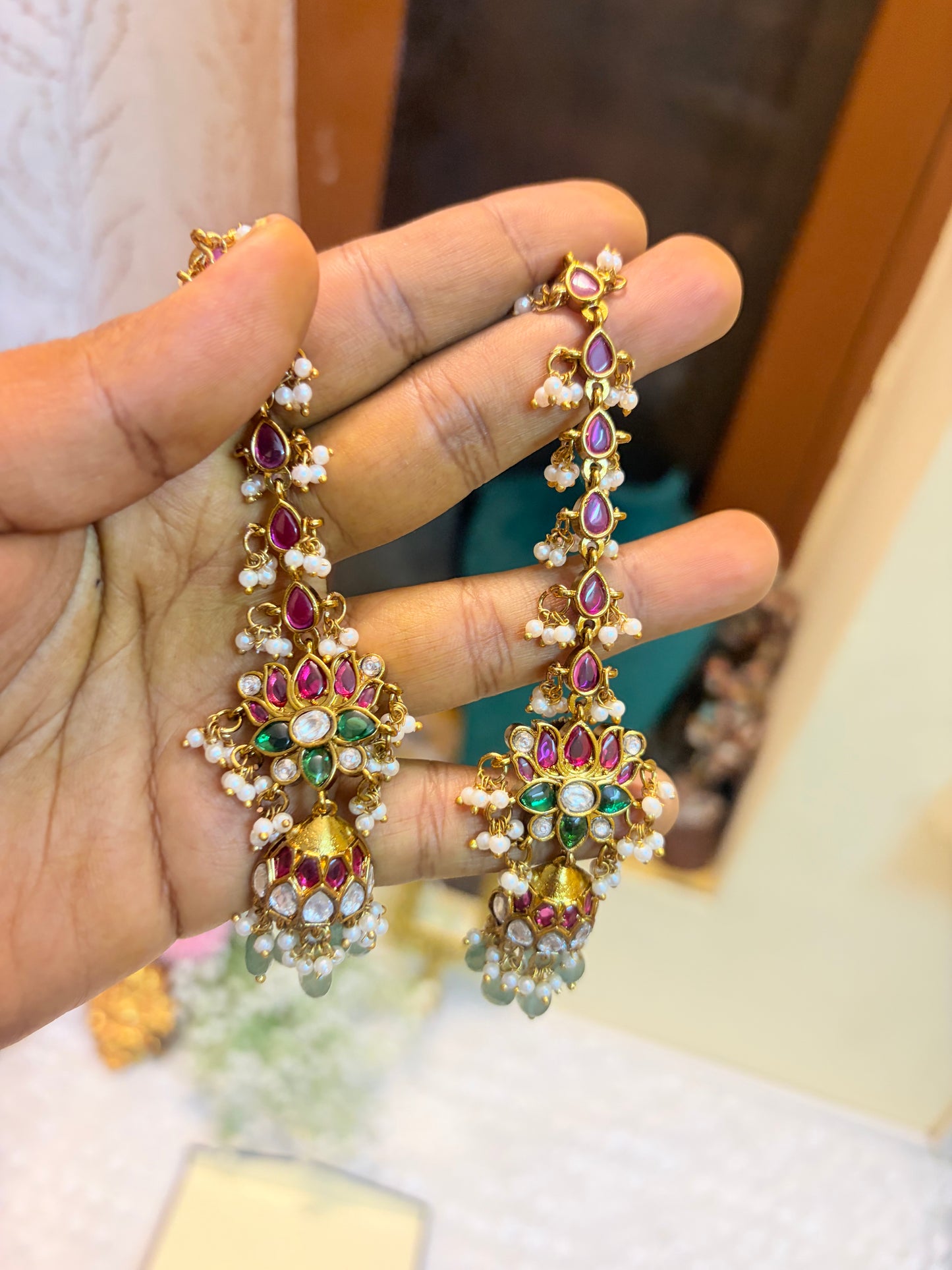 Lotus kemp bridal earchain Jhumka earrings
