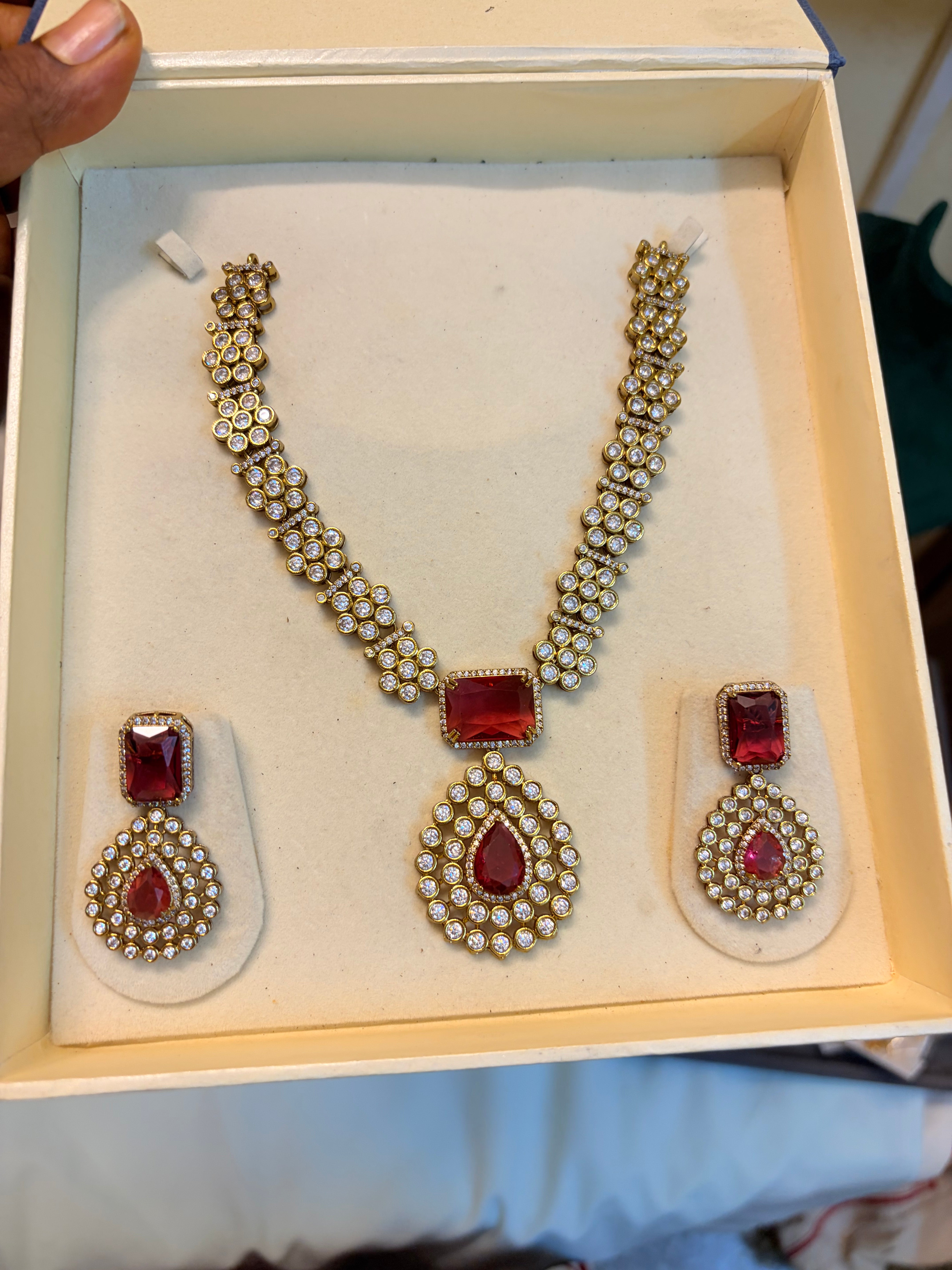 Ruby Red AD stones jadau necklace set