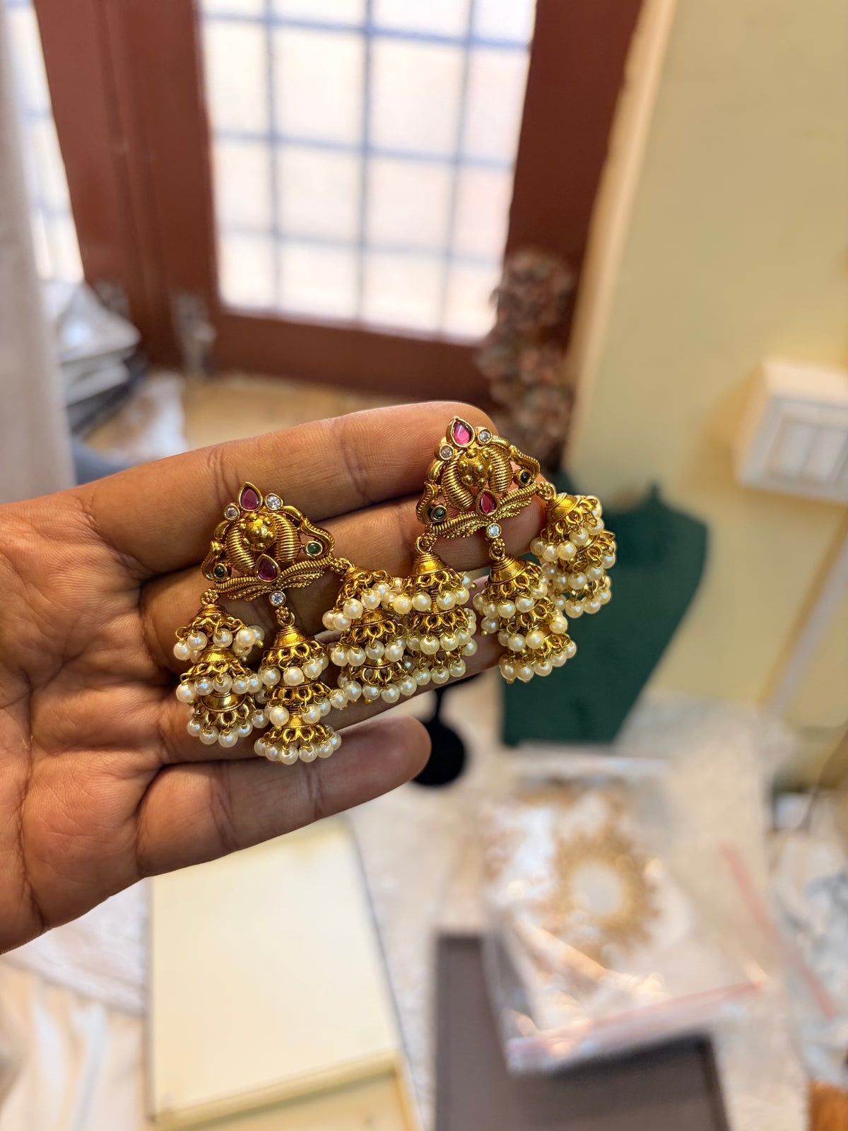 Gold antique pearl triple Jhumka