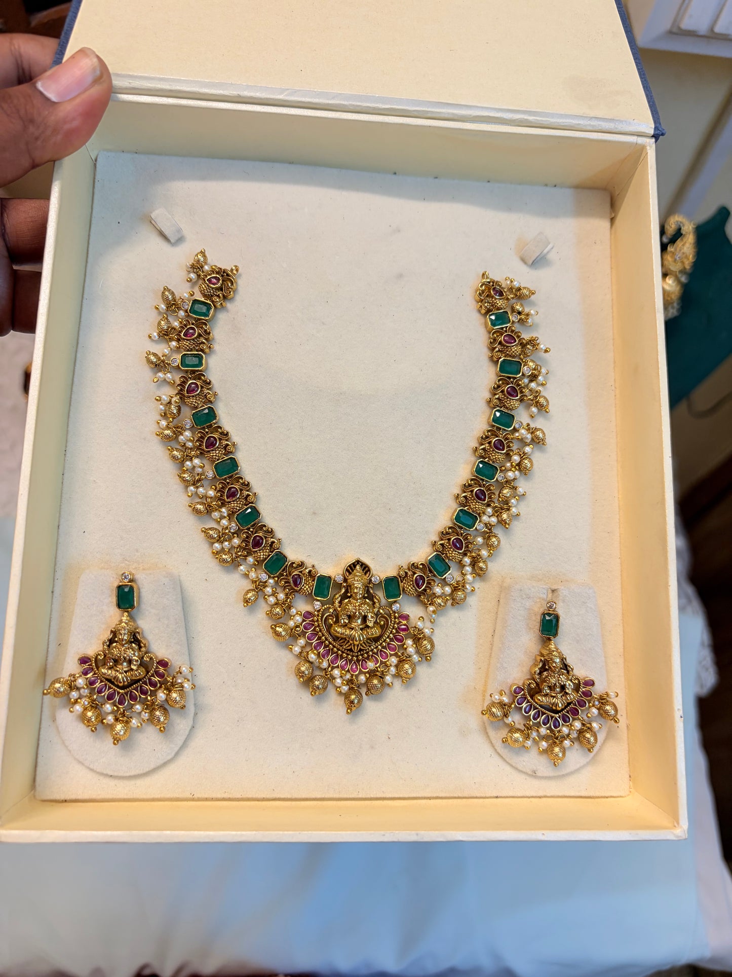 Emerald Lakshmi temple necklace set premium quality