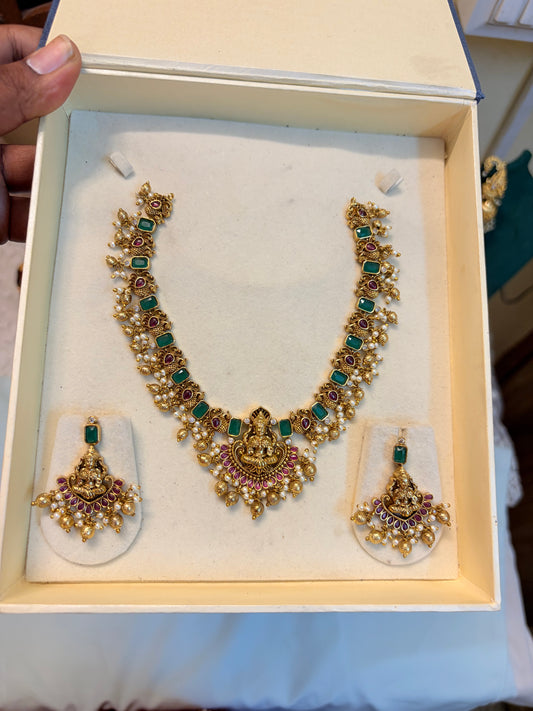 Emerald Lakshmi temple necklace set premium quality