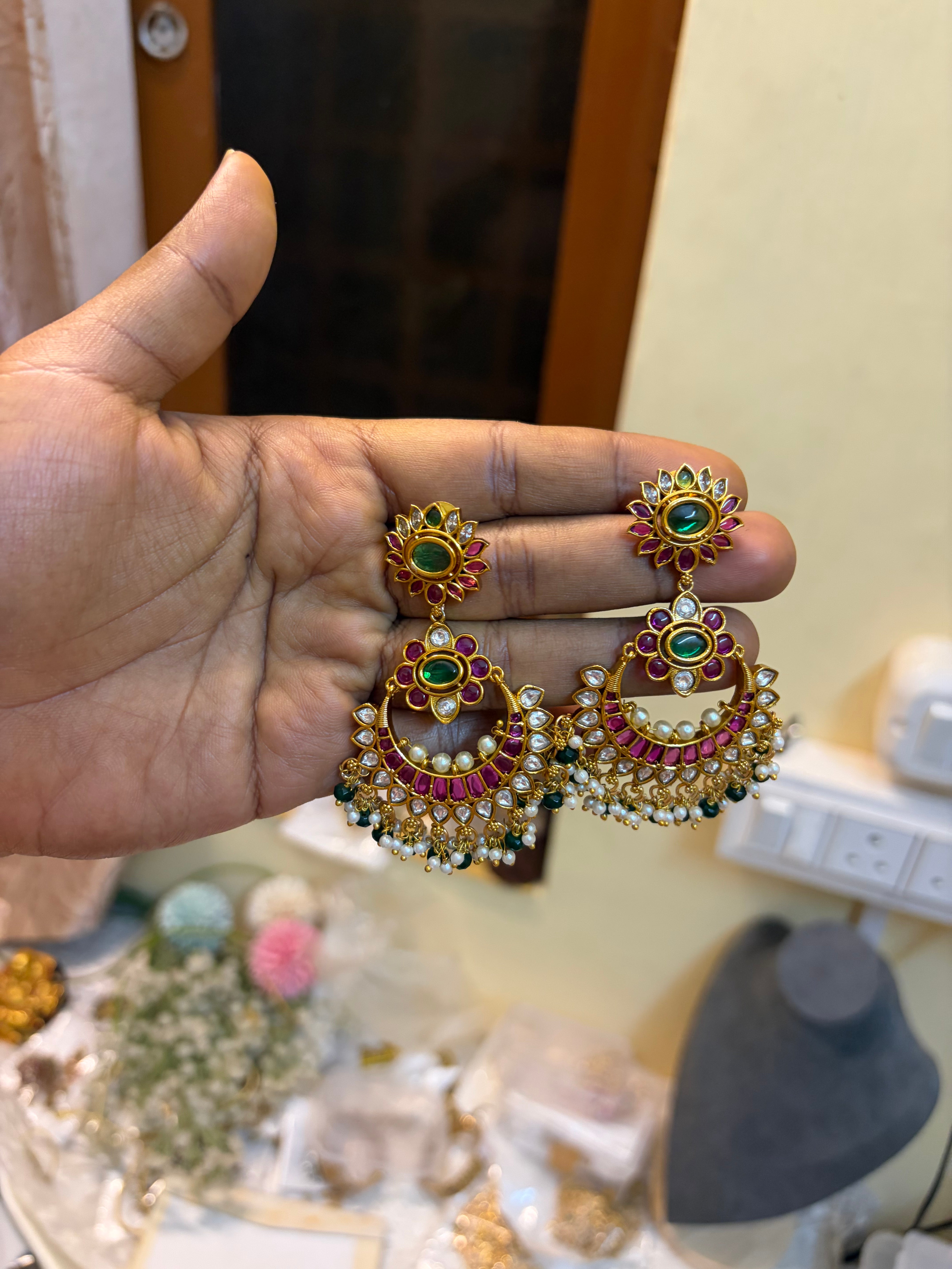 Antique kemp Chandbali earrings
