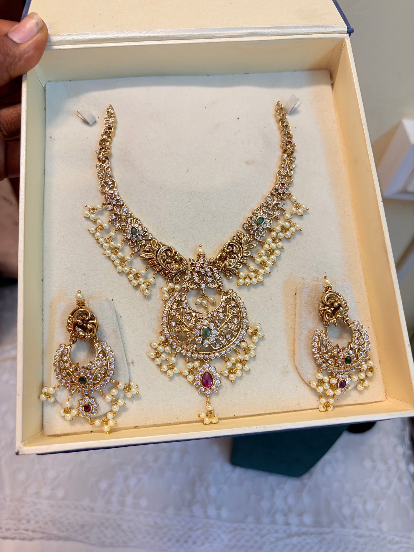 Gold Nakshi jadau necklace set with pearl hanging