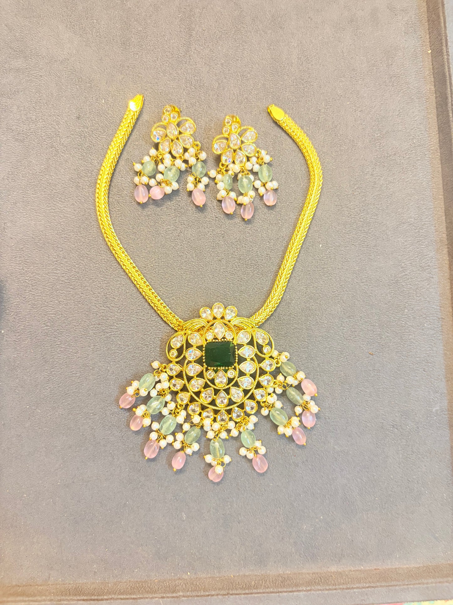 Pastel beads Polki statement necklace set