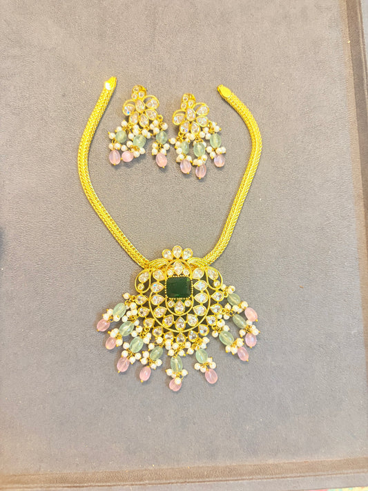 Pastel beads Polki statement necklace set