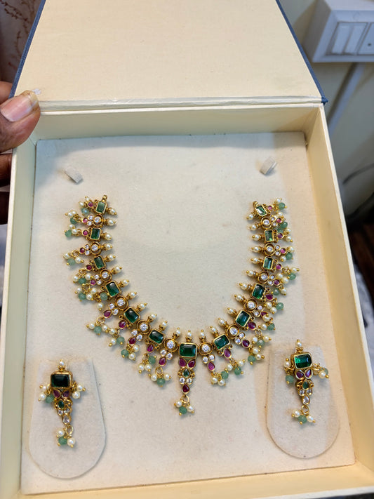 Bold Emerald jadau Kundan necklace set premium quality