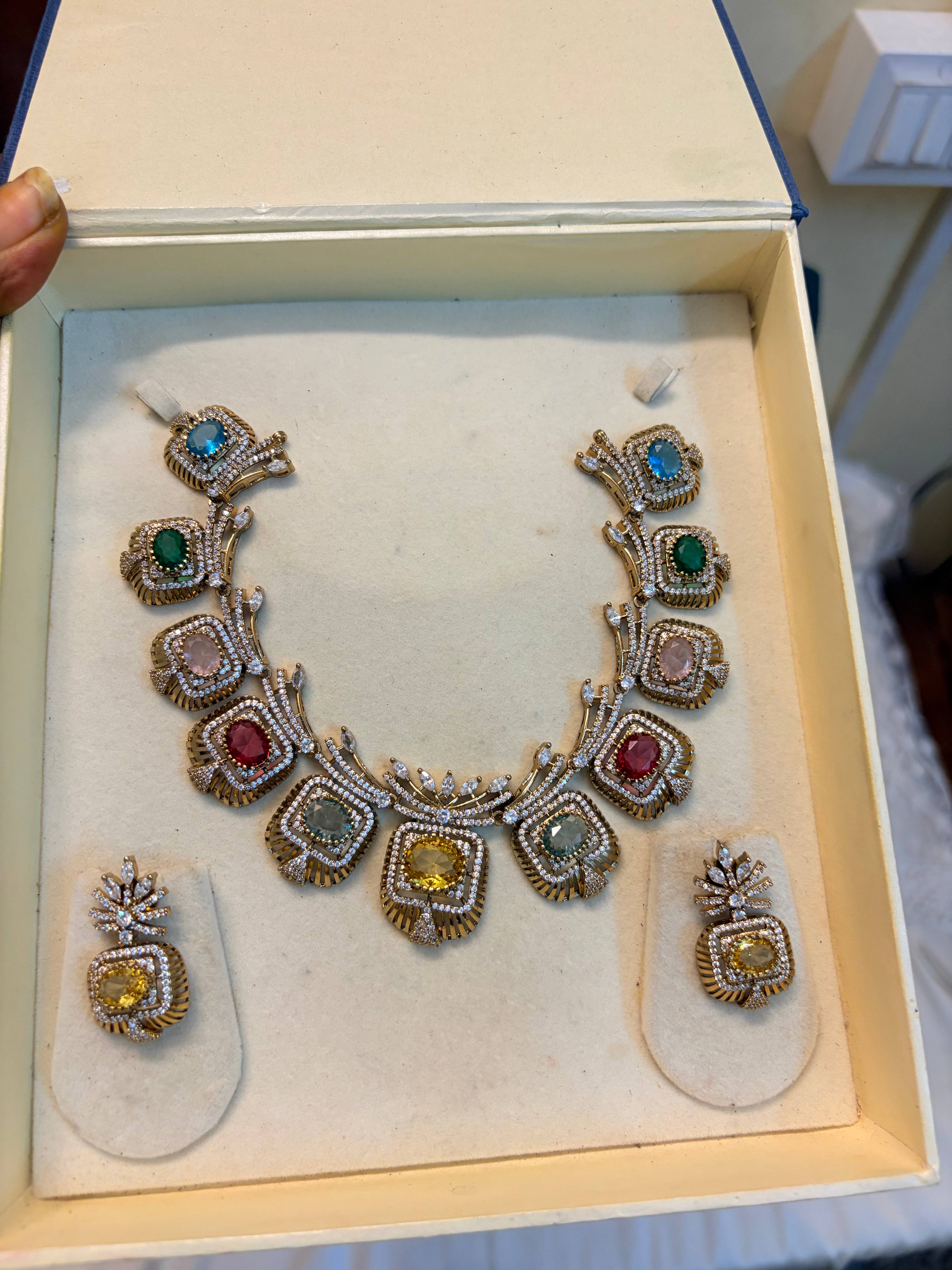 Multicolour AD stones jadau necklace set
