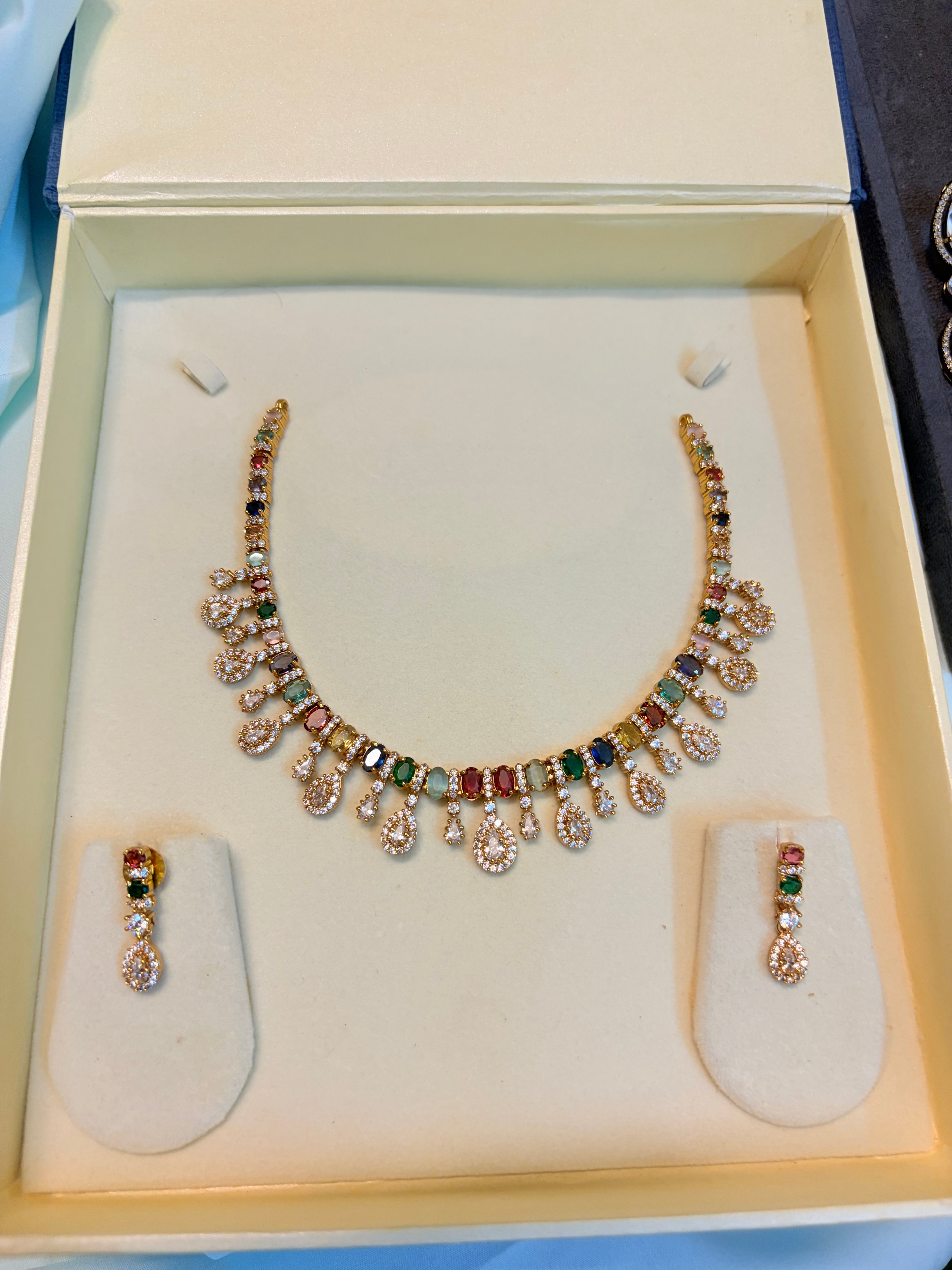 Multicolour Cz stone jadau necklace set