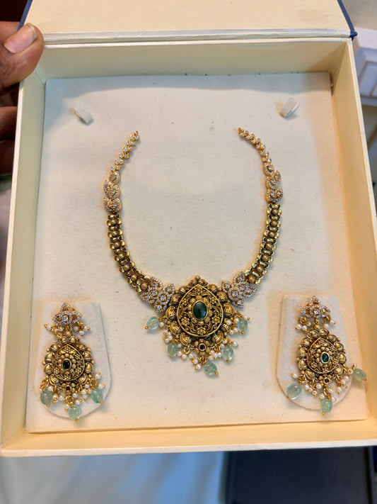 Antique Nakshi finish Cz jadau necklace set