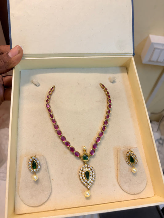 Real kemp stones jadau necklace set premium quality