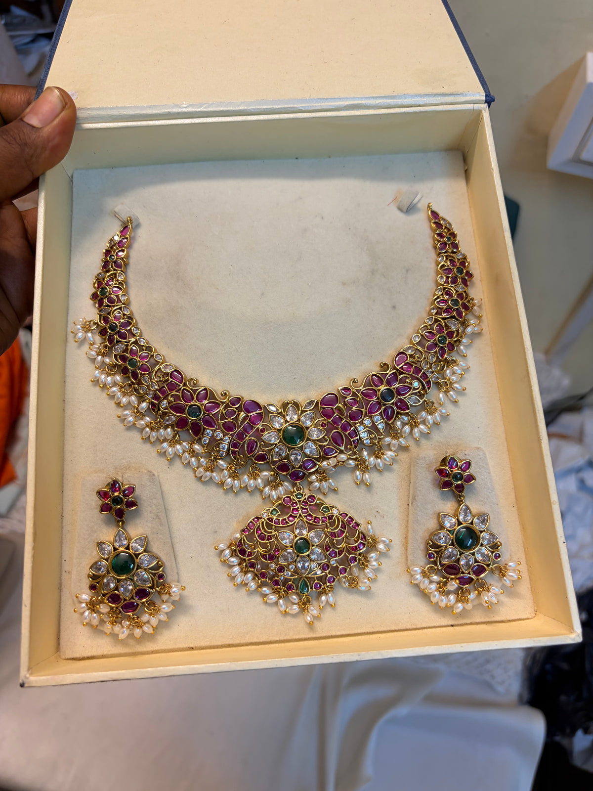 Classic kemp stones jadau necklace set premium quality