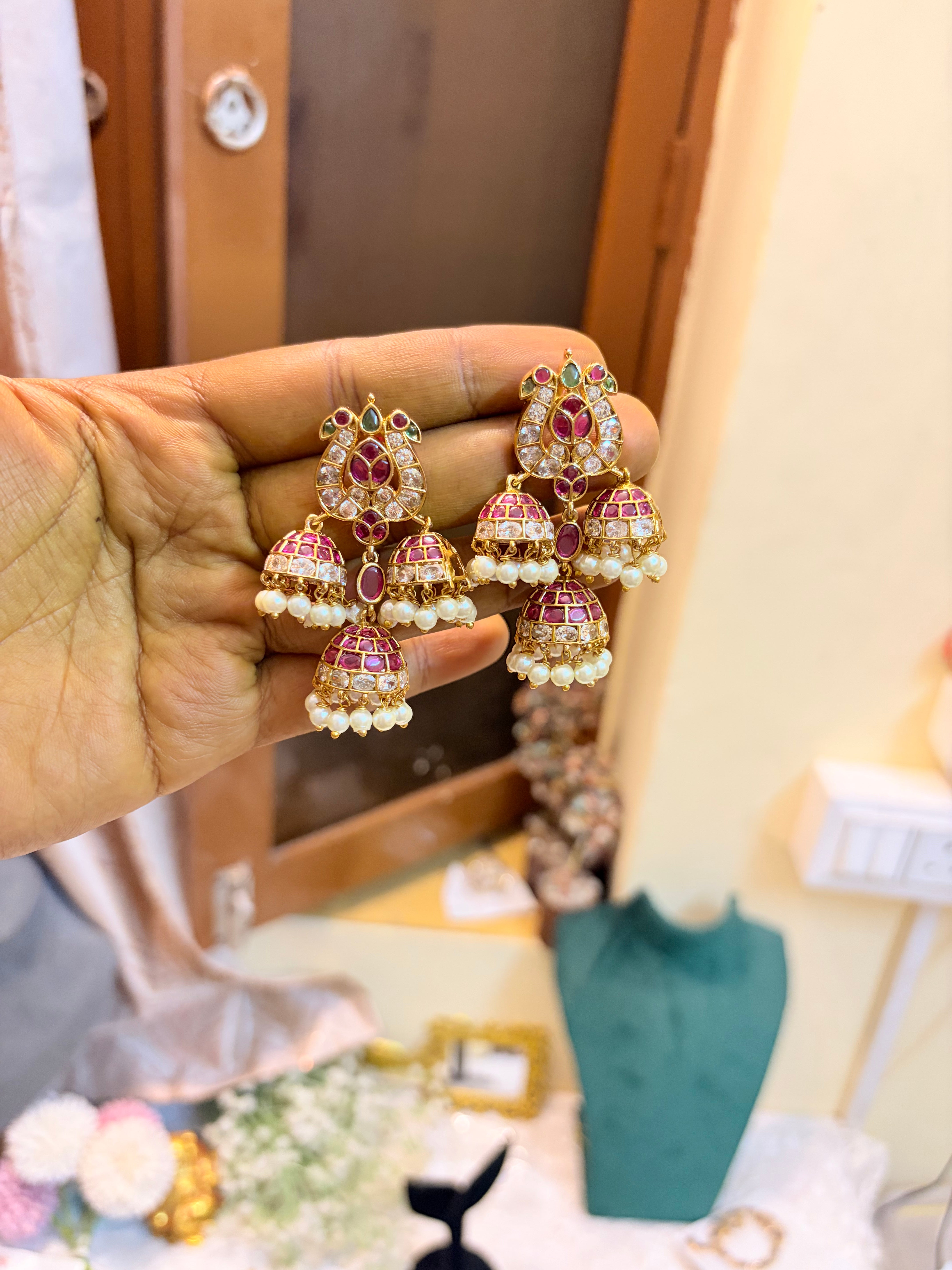 Ruby & CZ Triple Jhumka Earrings with Pearl Drops