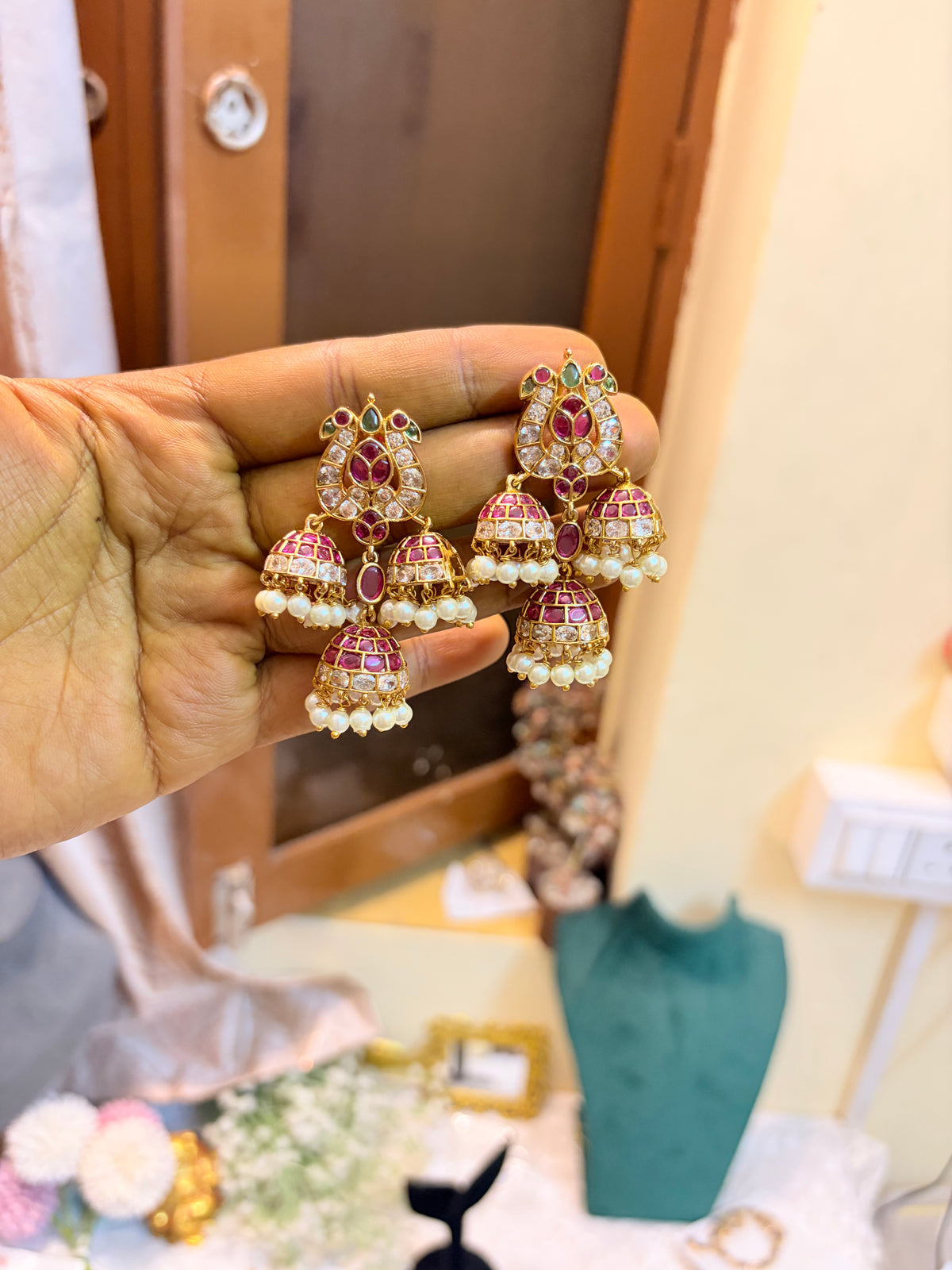 Ruby & CZ Triple Jhumka Earrings with Pearl Drops