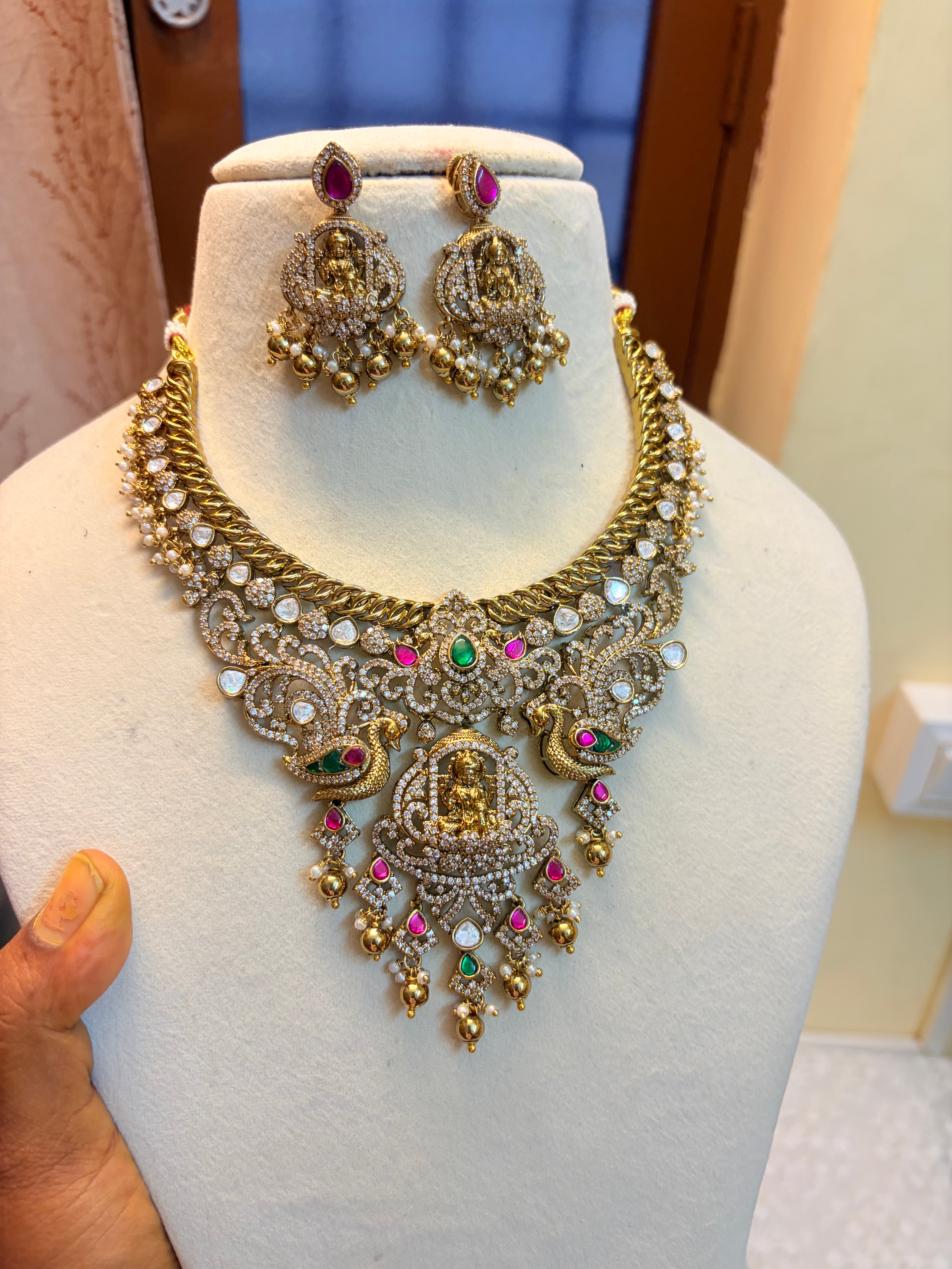 Moissanite Antique Lakshmi peacock jalebi necklace set