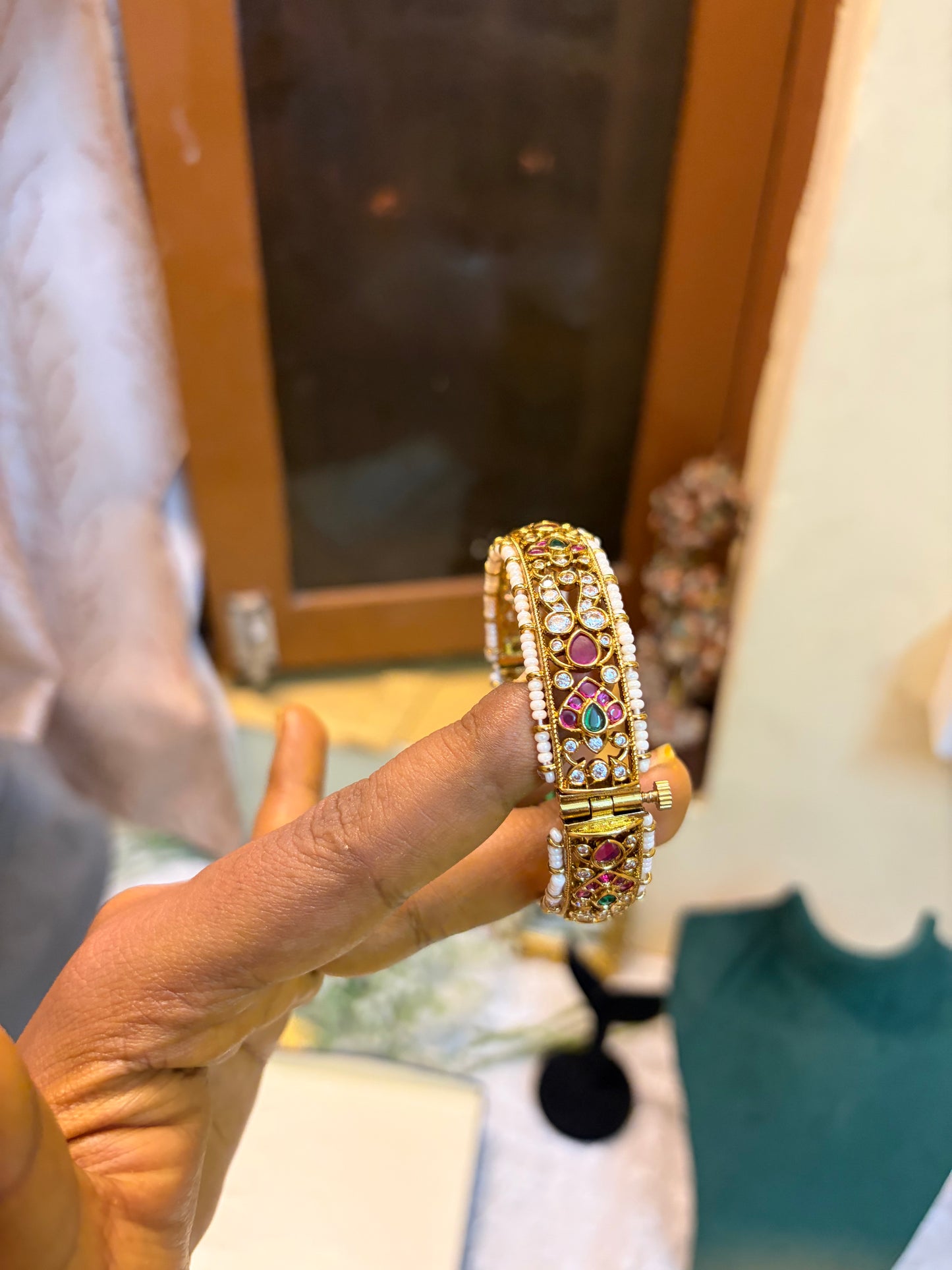 Gold antique kemp stones kada bangle