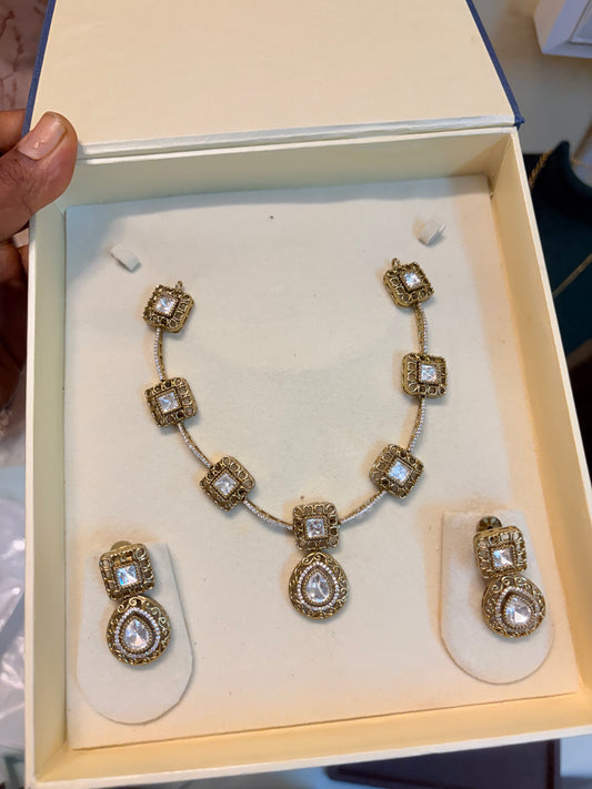 Moissanite Polki square motif necklace set