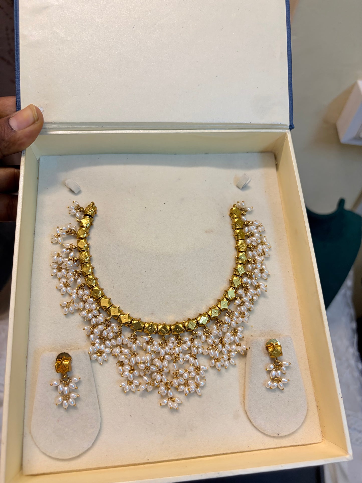 Rice pearl gold finish jadau necklace set