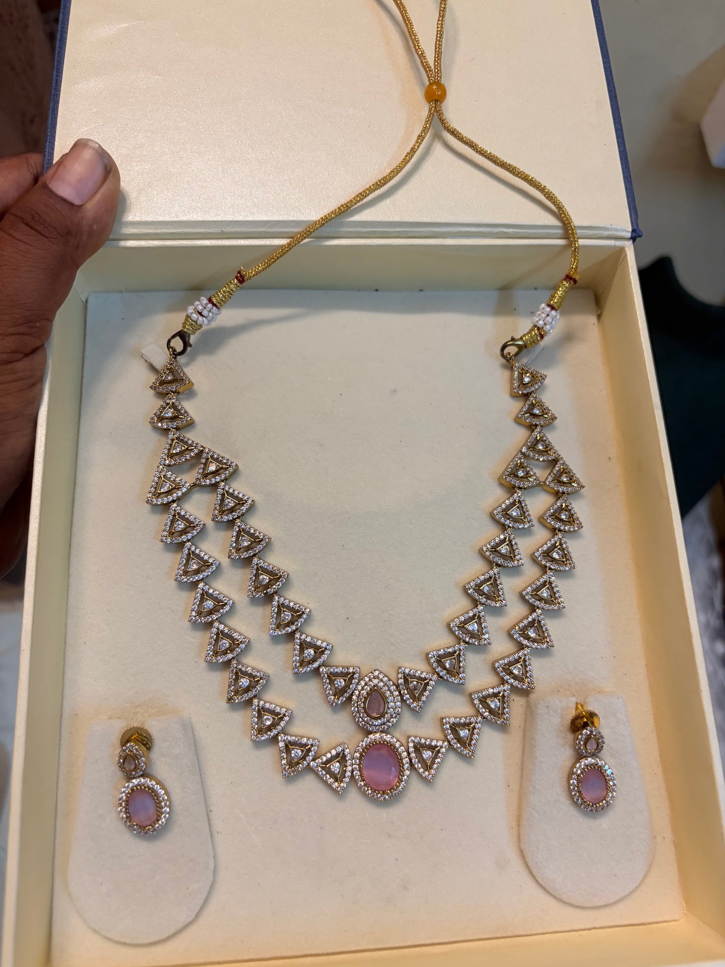 Double layer blush pink jadau necklace set
