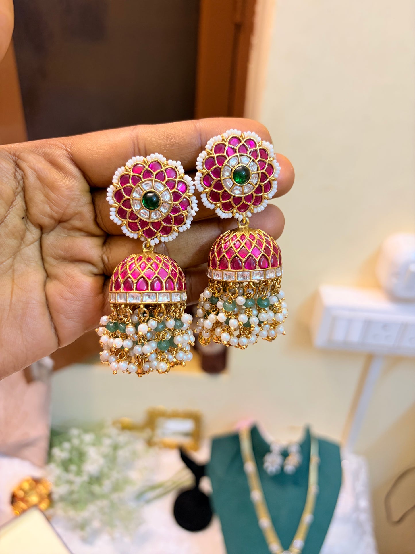 Pure kemp stones jadau brass made Jhumka
