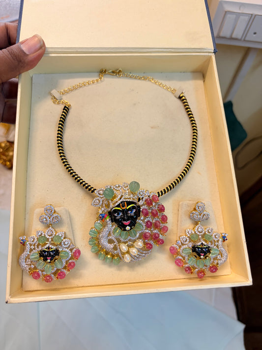 Gj polish Krishna face pendant black Kanti necklace set