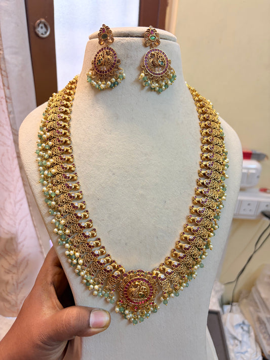 Gold antique finish kemp stones brass made peacock haram premium quality