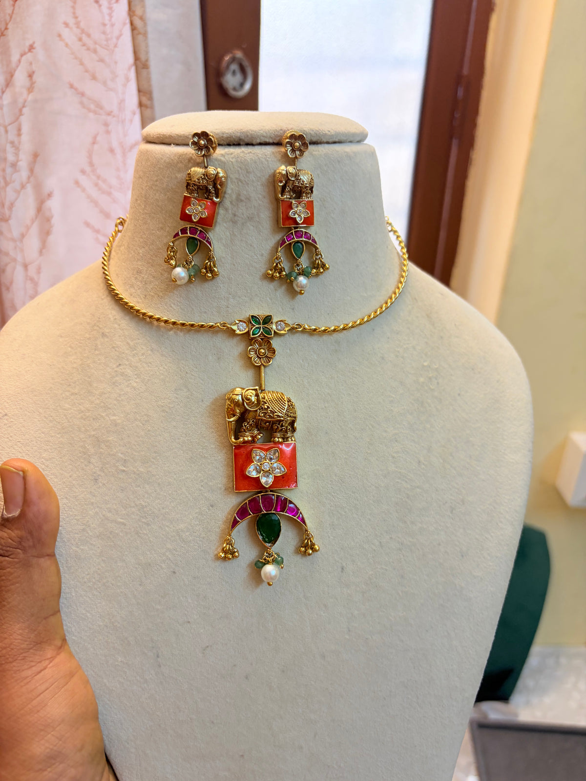 Gold antique finish elephant motif necklace set premium quality