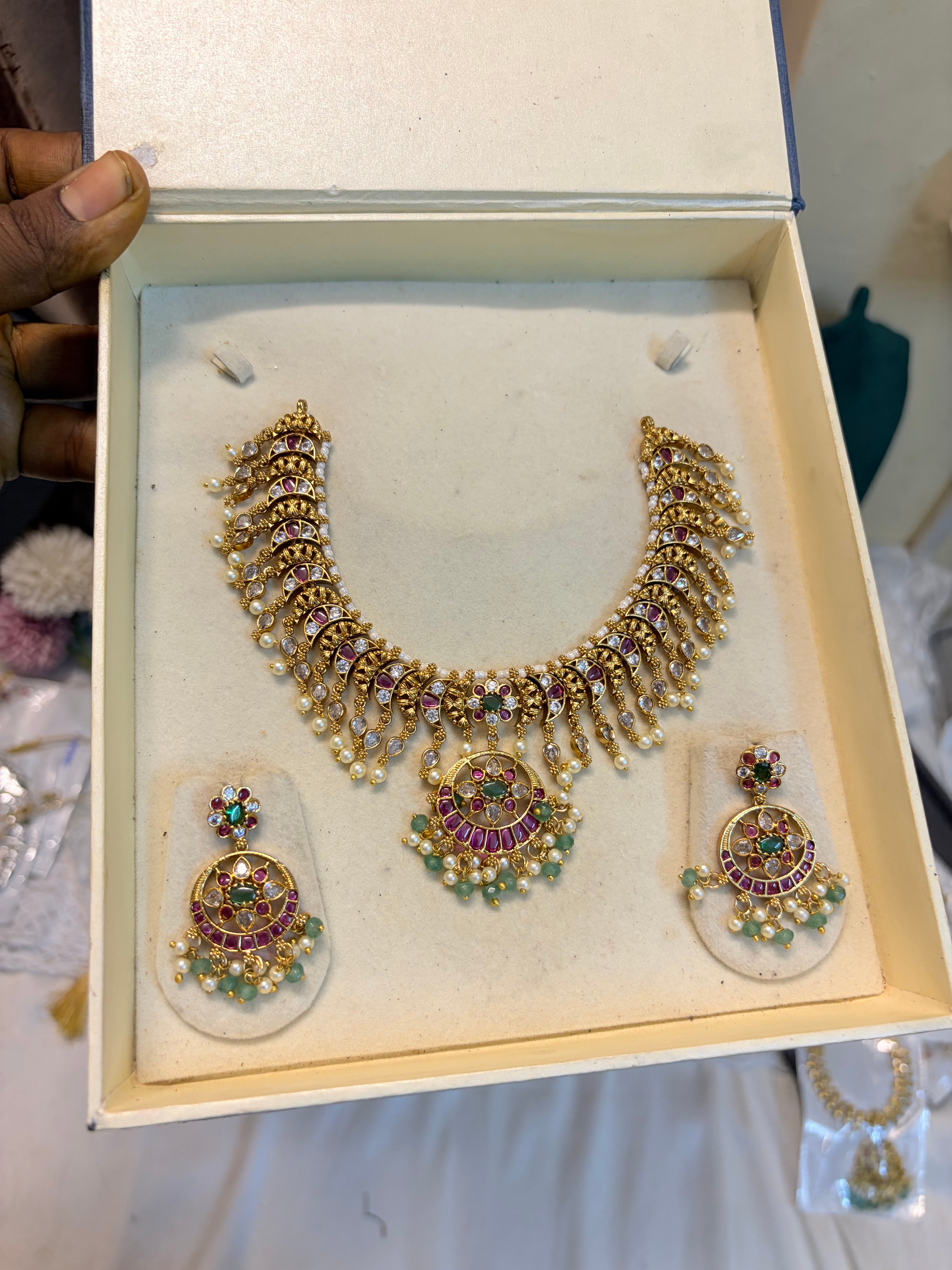 Classic Kemp Stone Chandbali Necklace Set with Pearl & Green Bead Drops