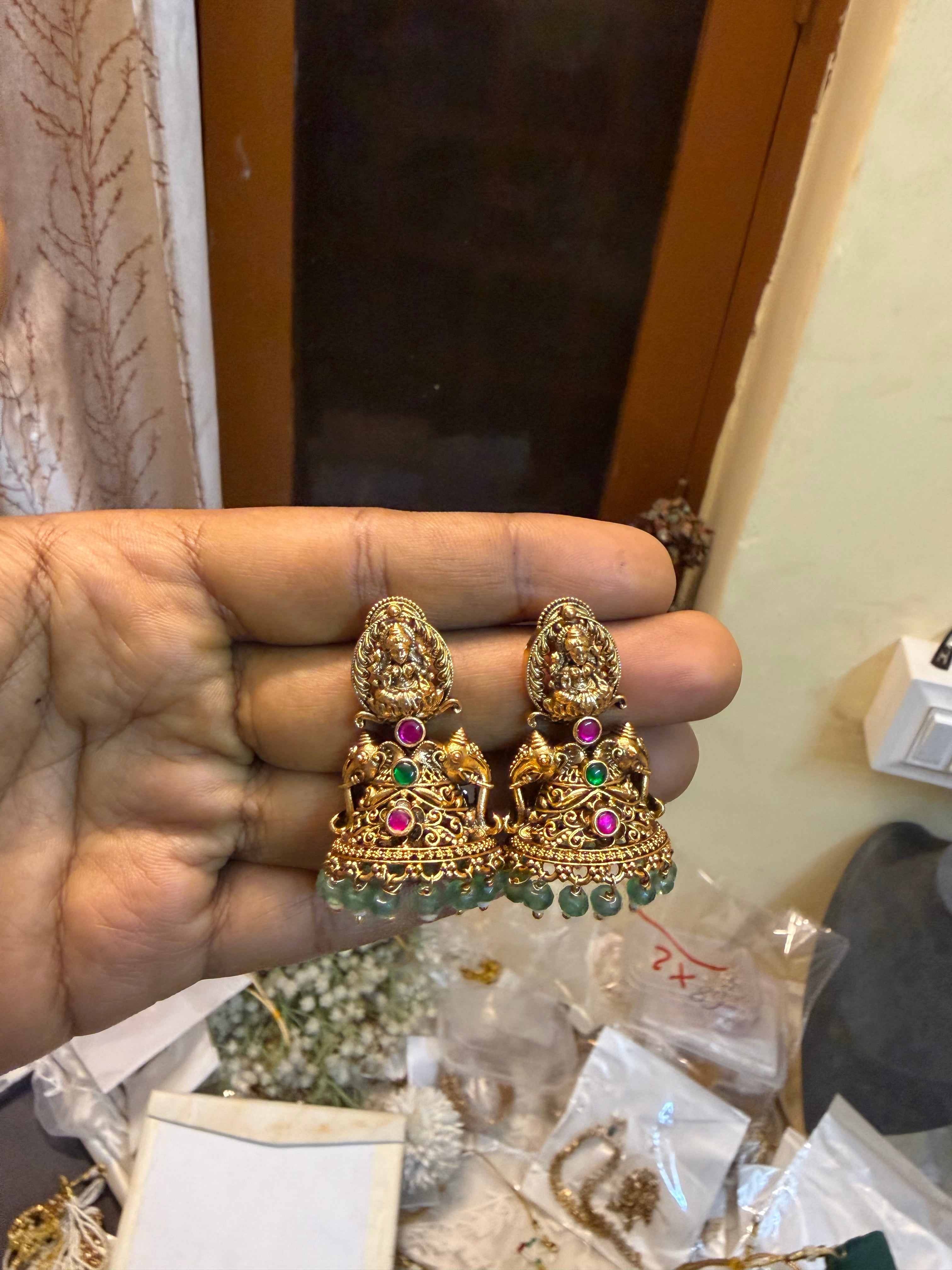 Antique Lakshmi green beads earrings
