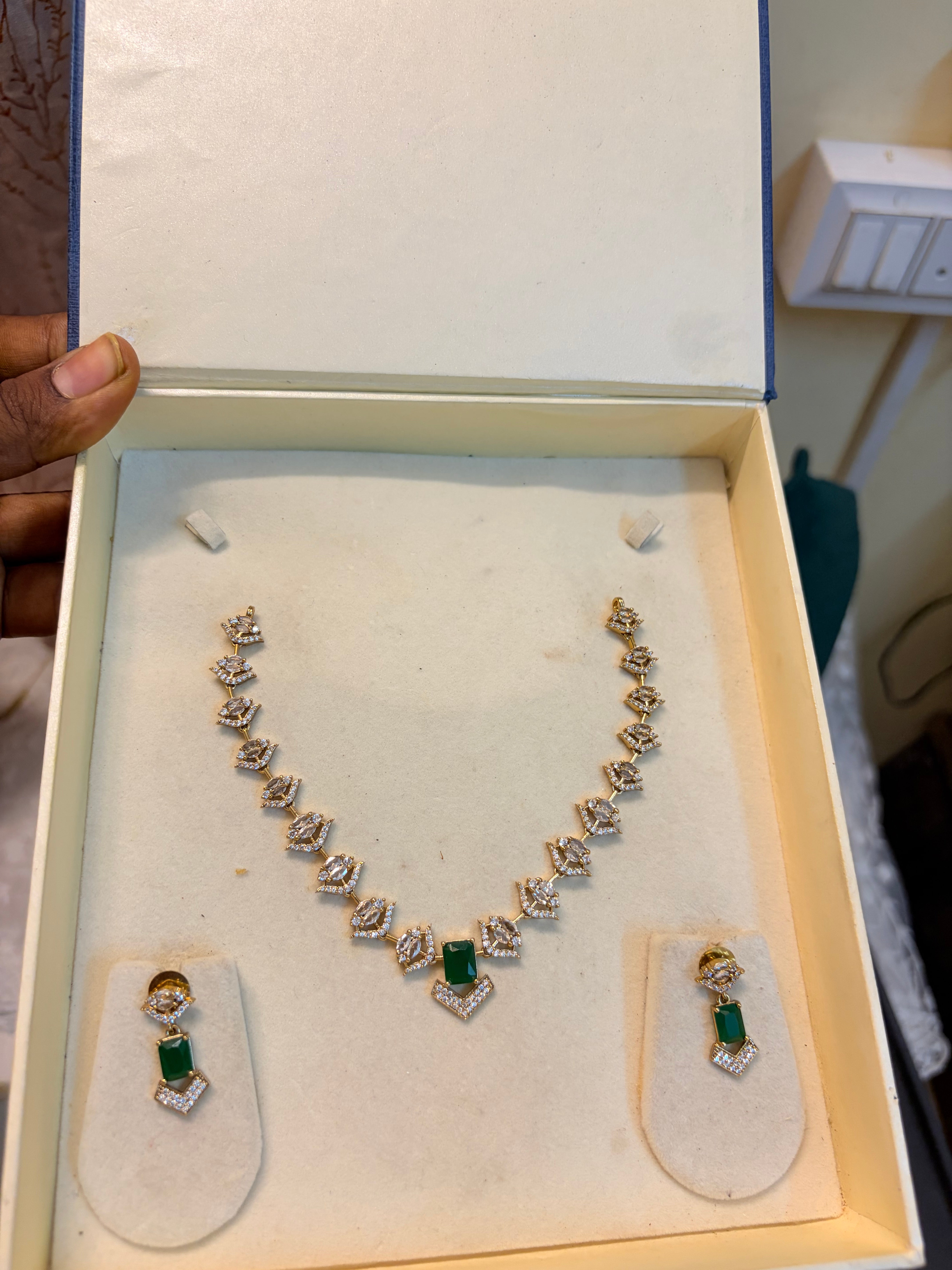 Cz stone gold plated emerald necklace set