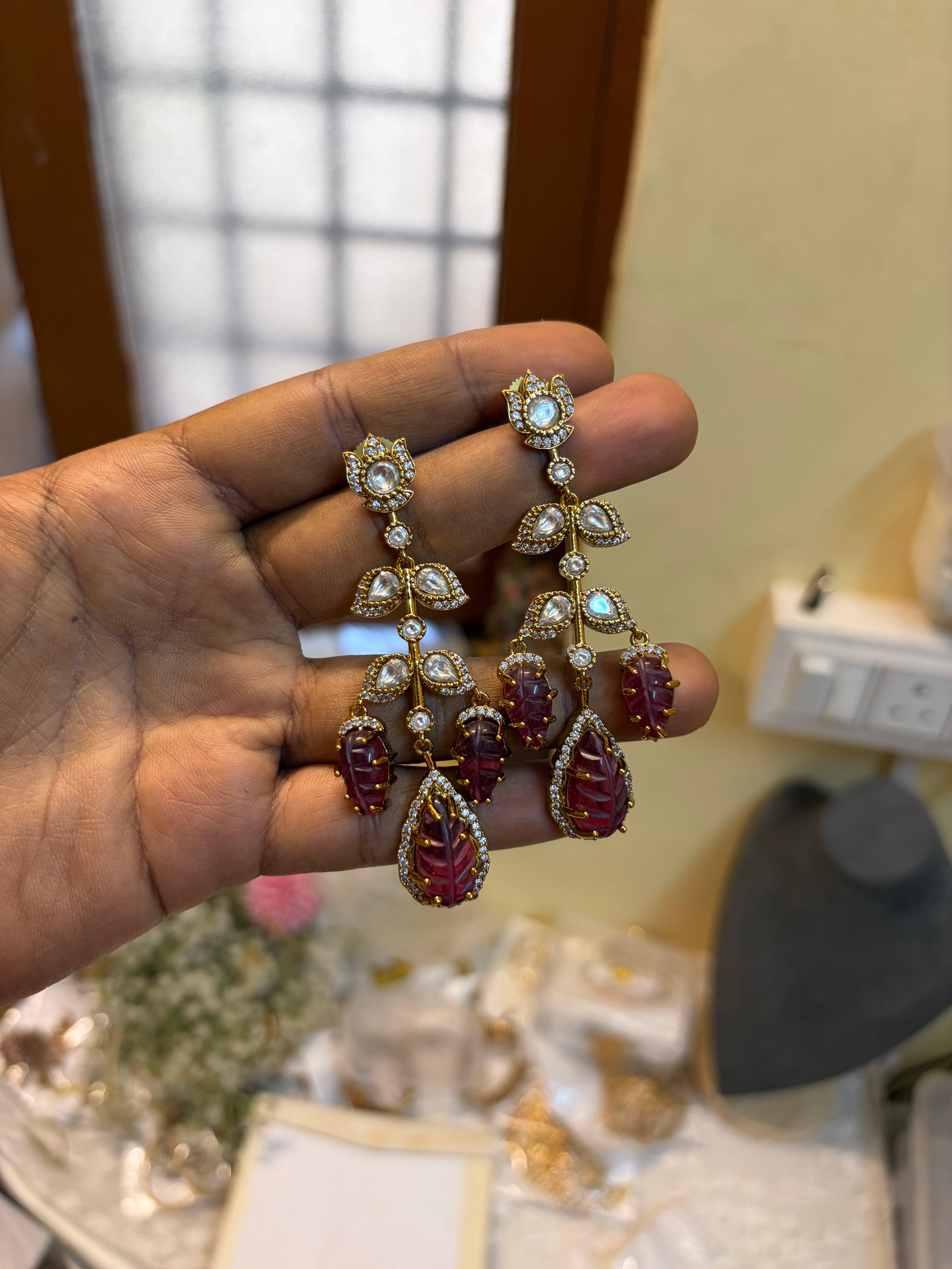 Lotus inspired Polki Ruby earrings