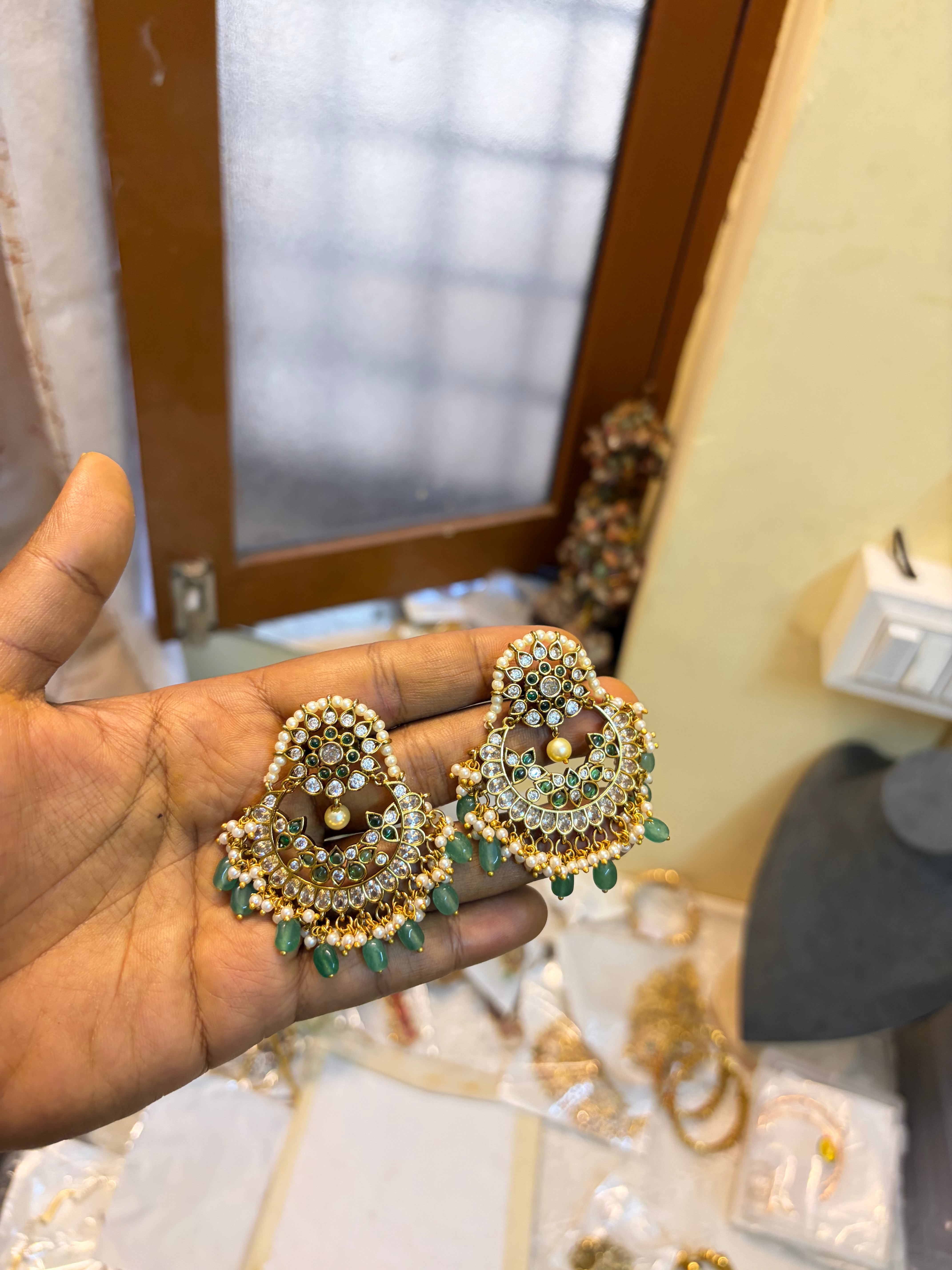 Kemp stones Chandbali earrings with strawberry beads