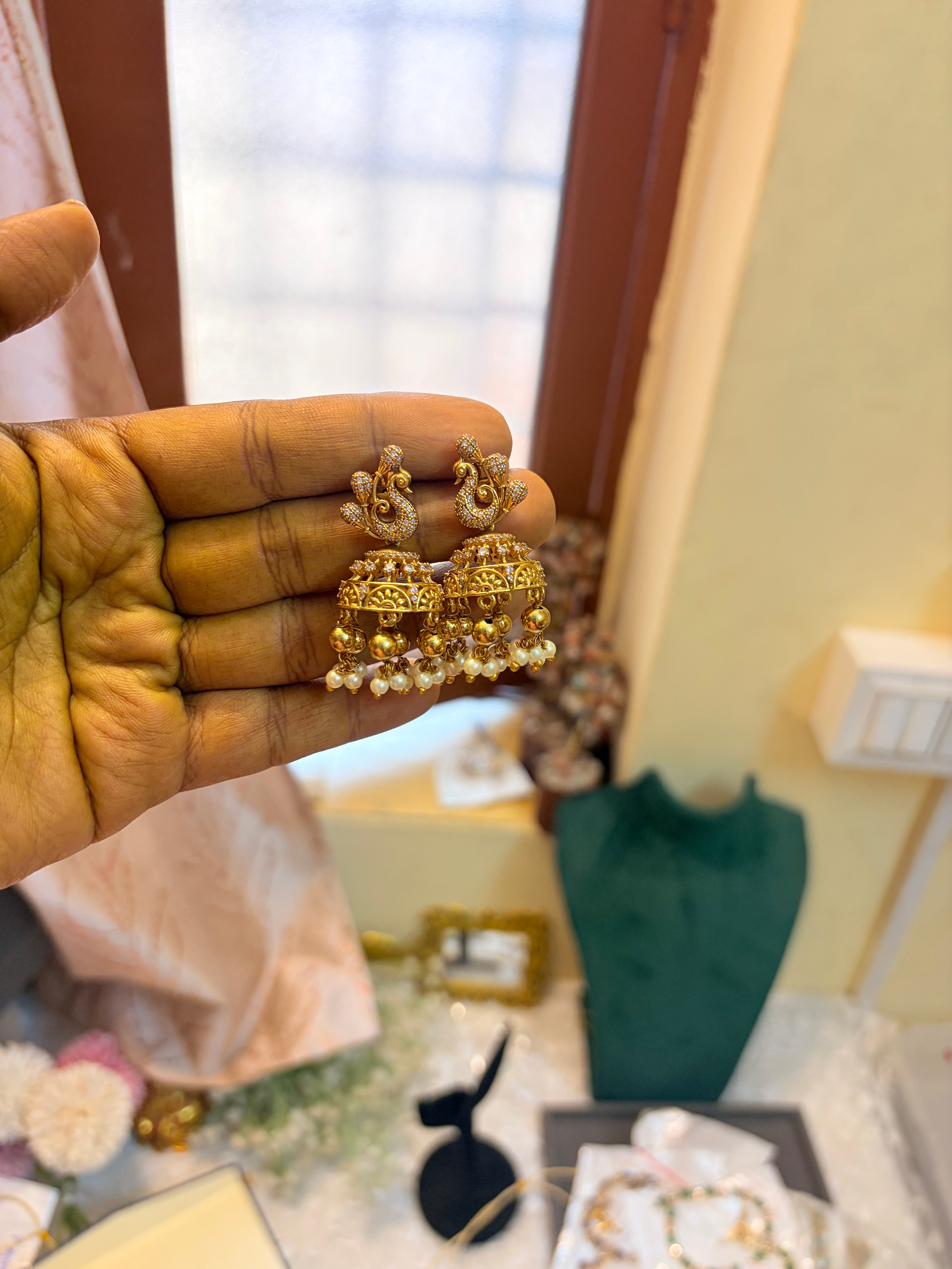 Cz stone peacock jhumka