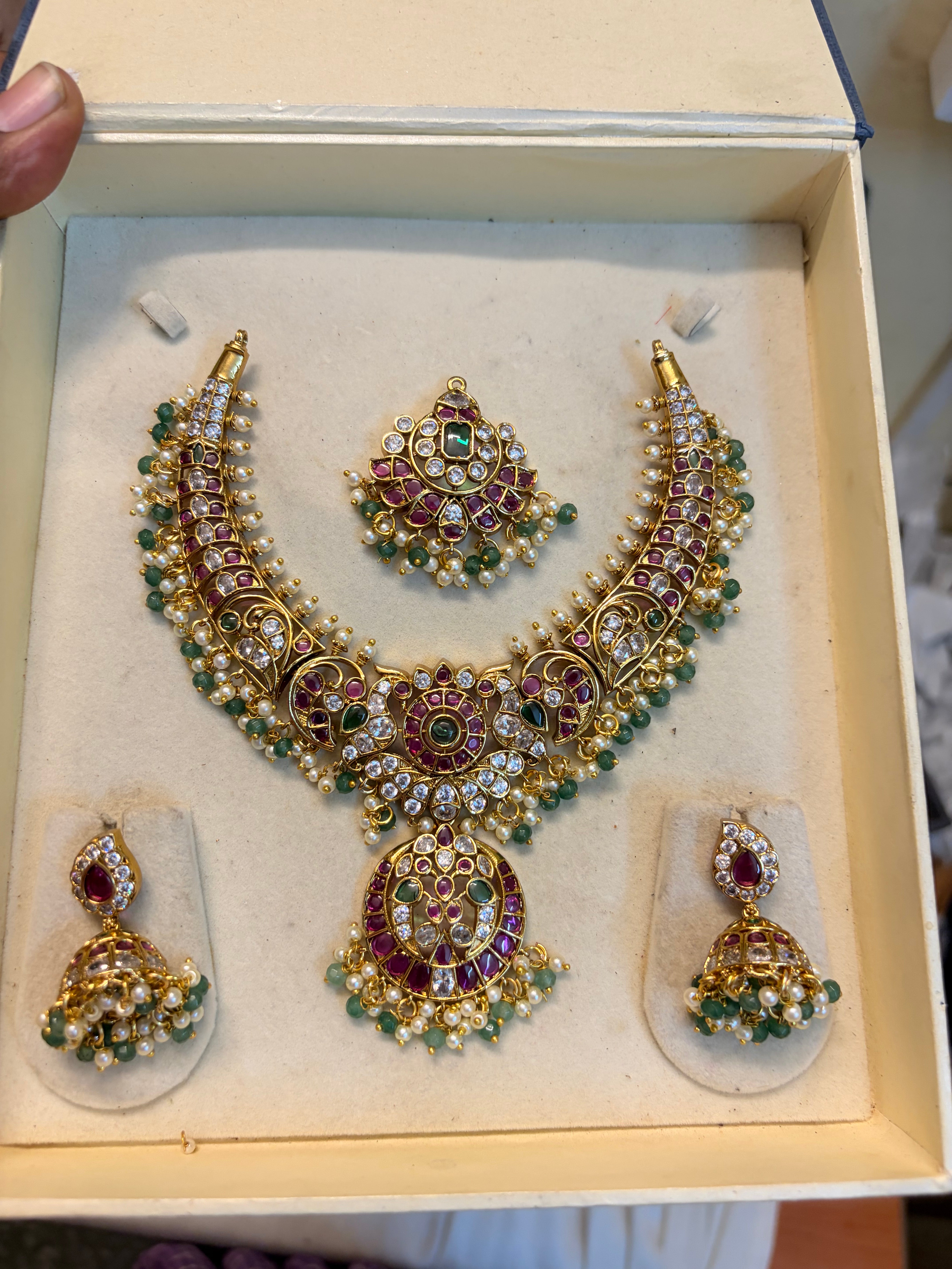 Real kemp stones jadau necklace set premium quality with detachable pendant