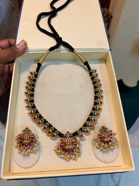 Gold antique finish Lakshmi black Dori necklace set