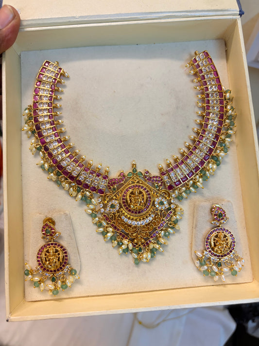 Real kemp stones jadau necklace set premium quality