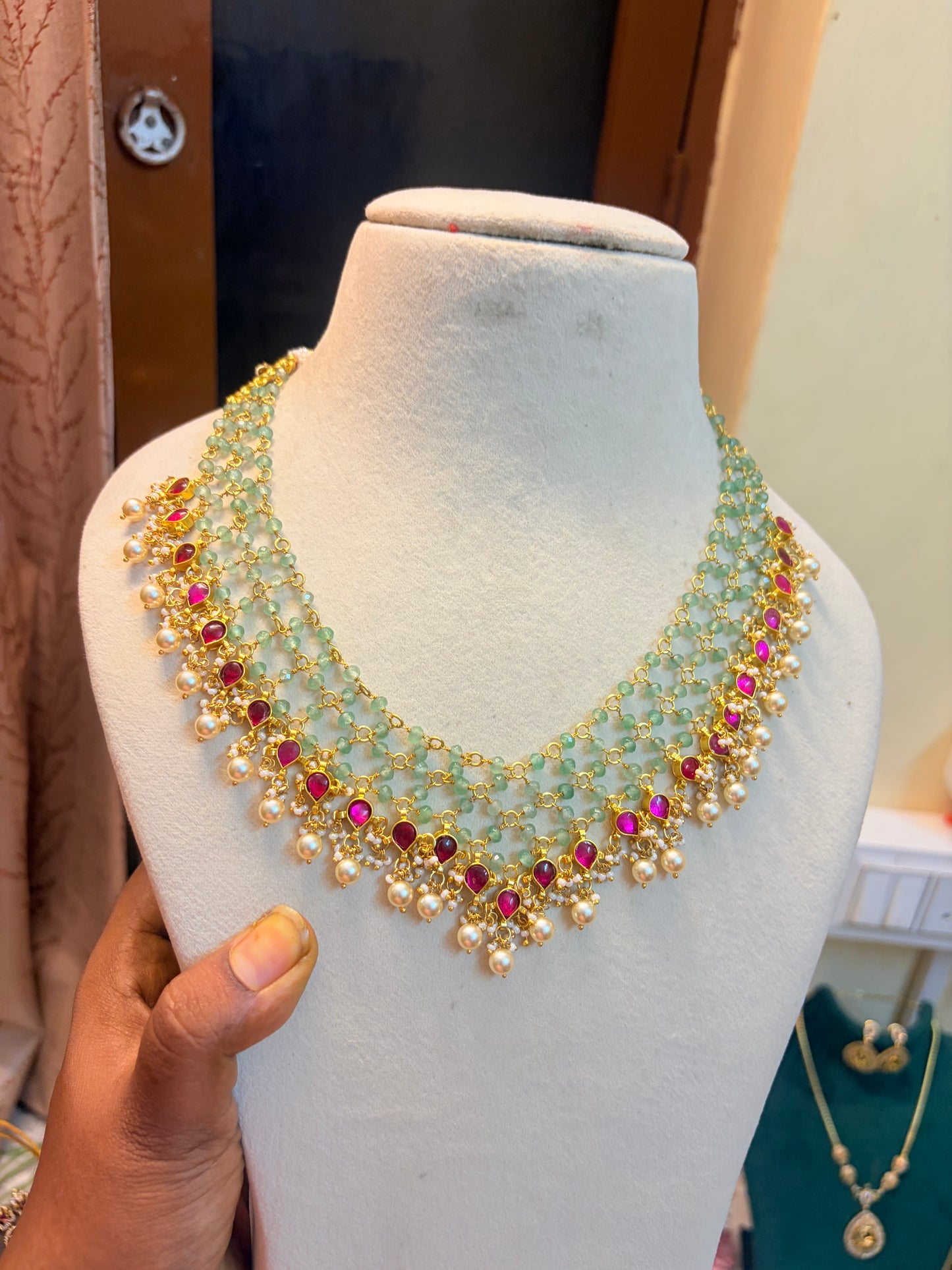 Real strawberry beads jadau Kundan Zali chain