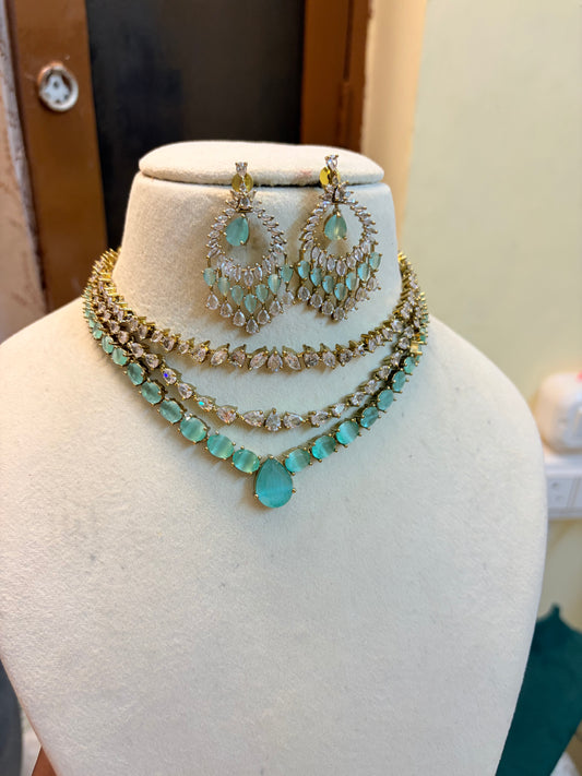 Three layer Mint green cubic zirconia choker set premium quality