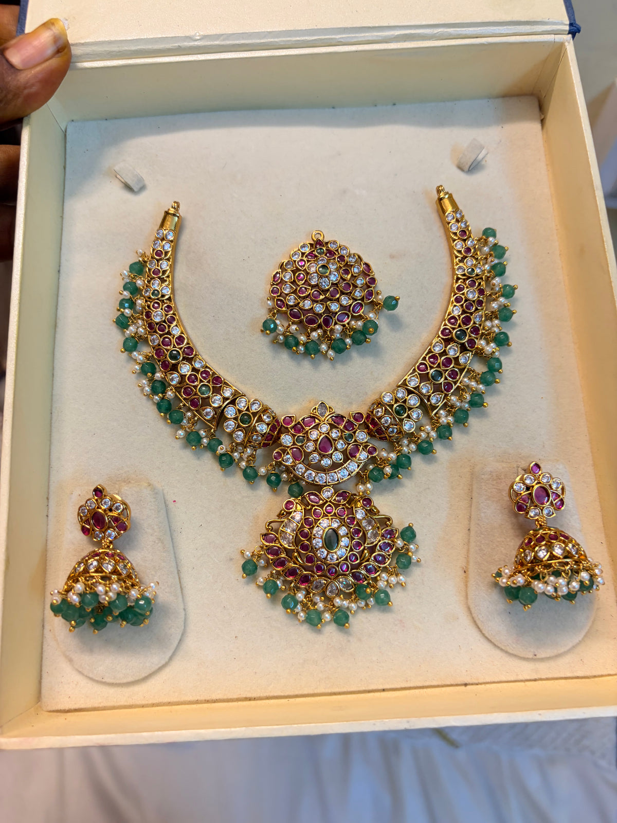 Real kemp stones jadau Kundan necklace set with detachable pendant