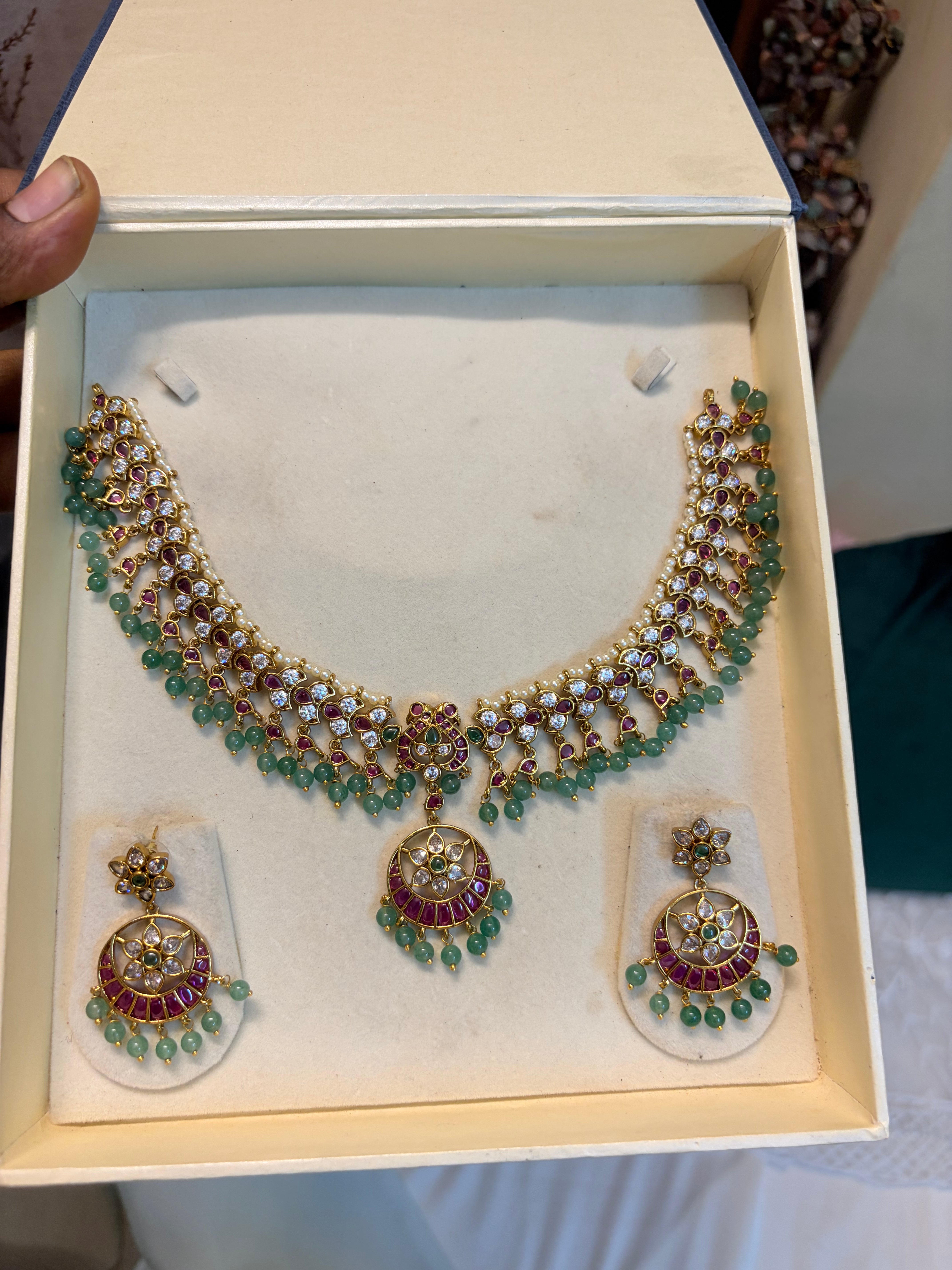Kemp stones jadau choker set with strawberry beads accents