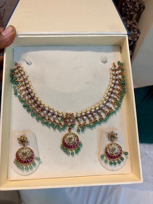 Kemp stones jadau choker set with strawberry beads accents