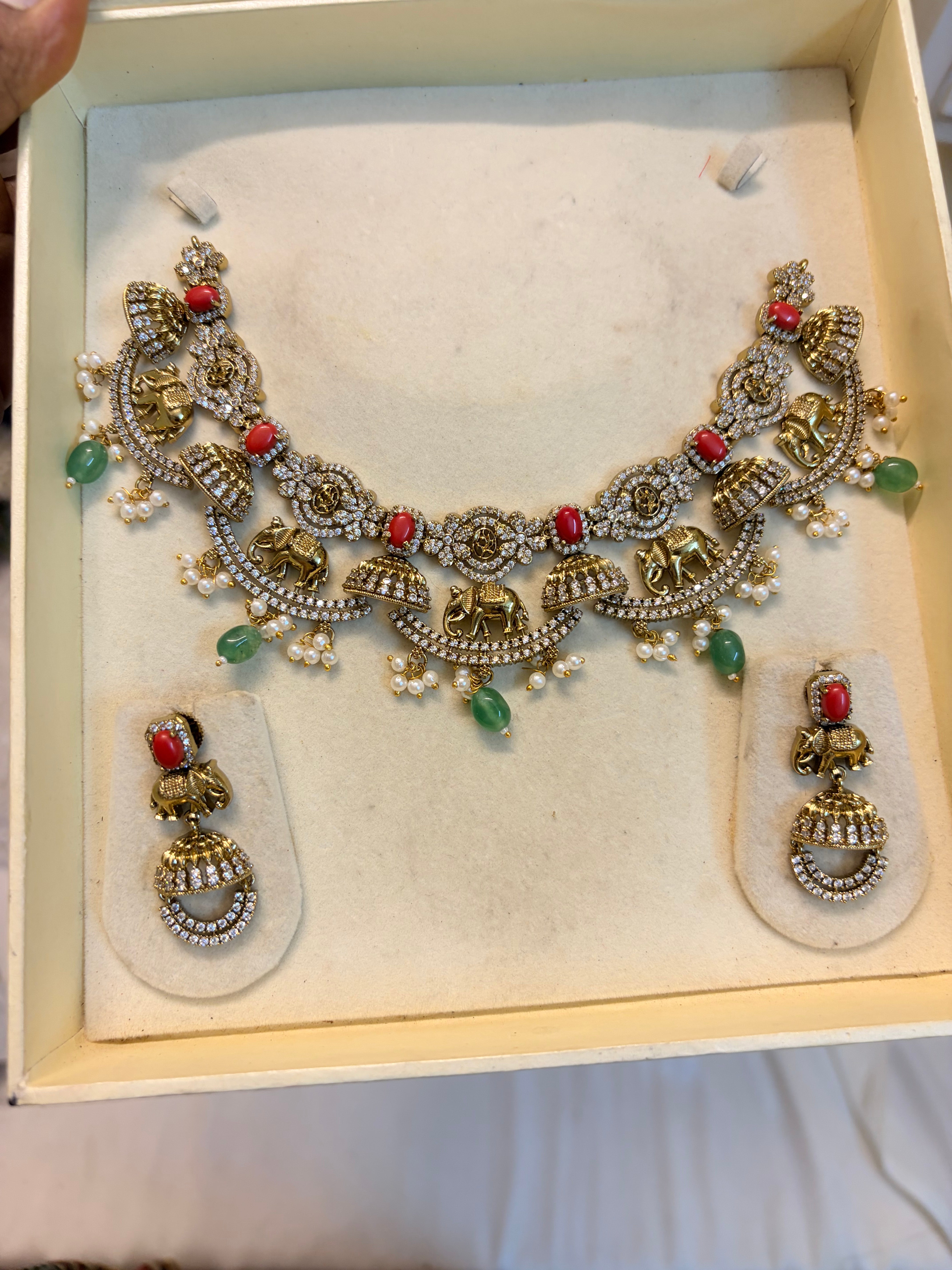 Gold antique finish jadau elephant necklace set