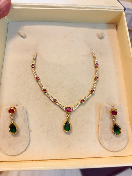 Cz stones gold plated jadau necklace set