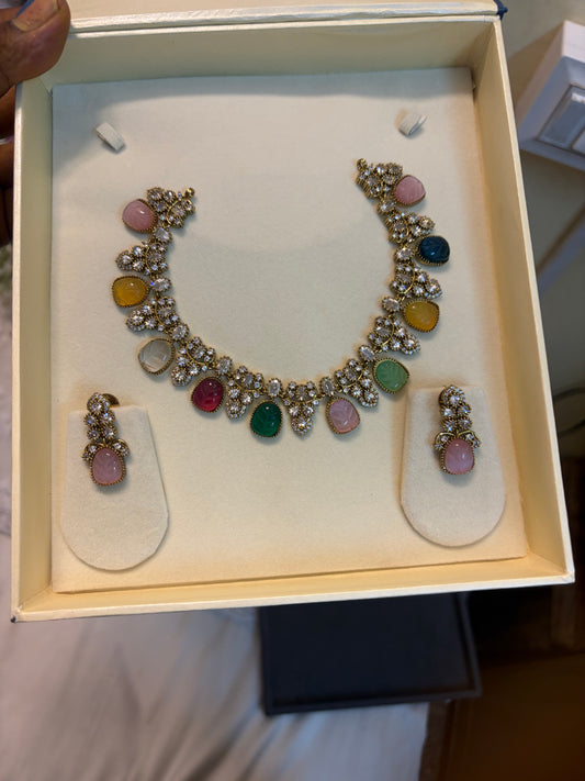 Royal Multicolour Gemstone Moissanite Necklace Set with Matching Earrings