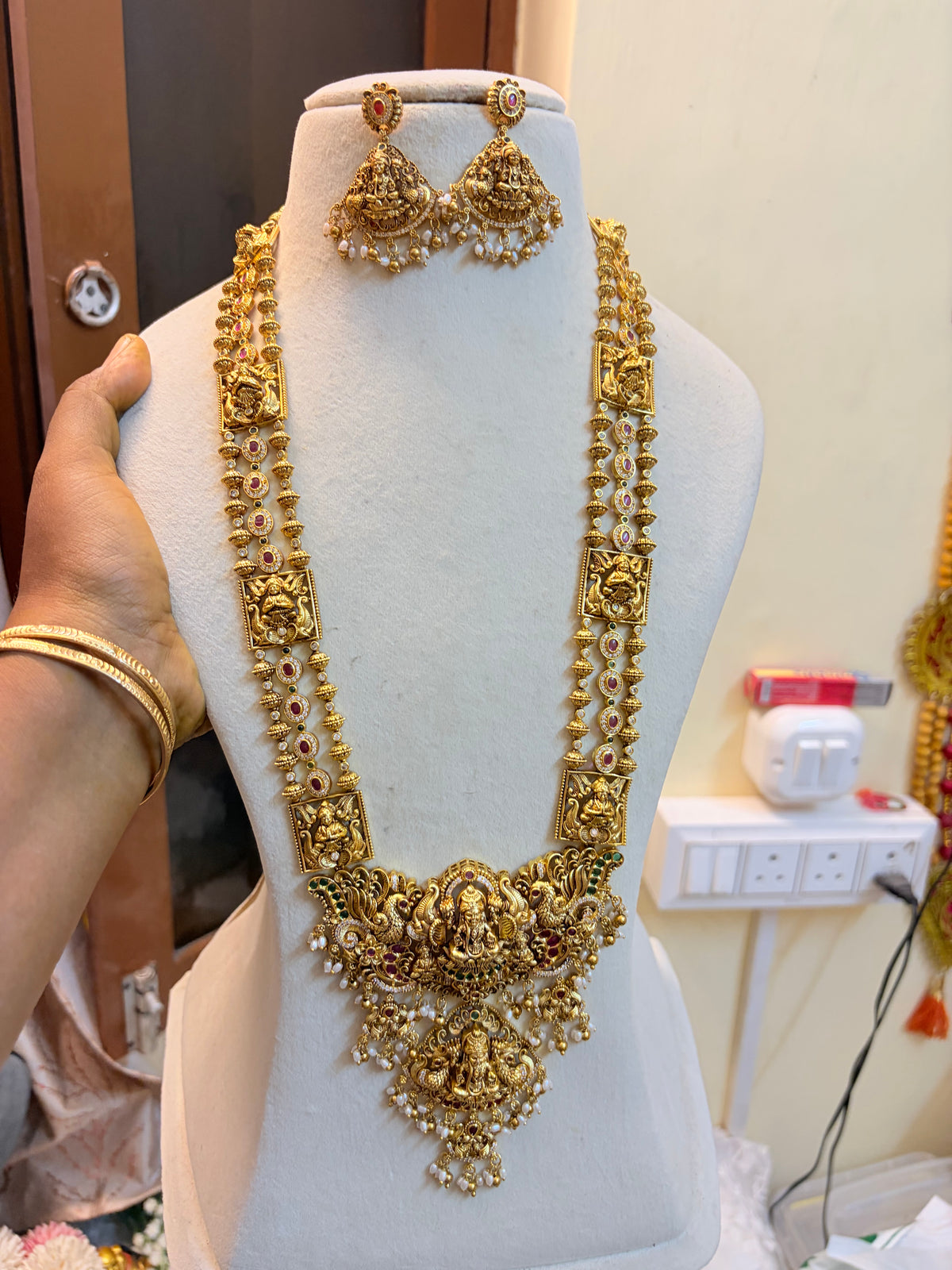 Heritage Antique Gold Lakshmi Peacock Temple Haram with Kemp Stones & Pearl Drops