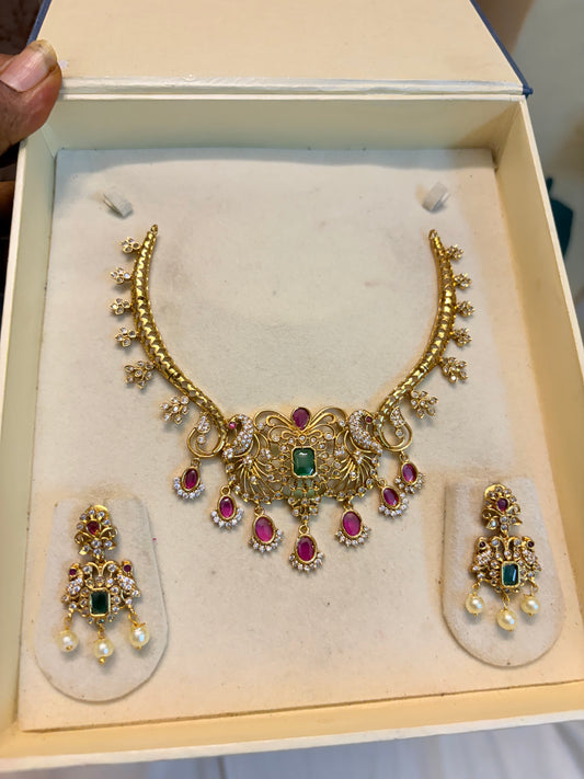 Cz stone gold plated jadau Kanti necklace set