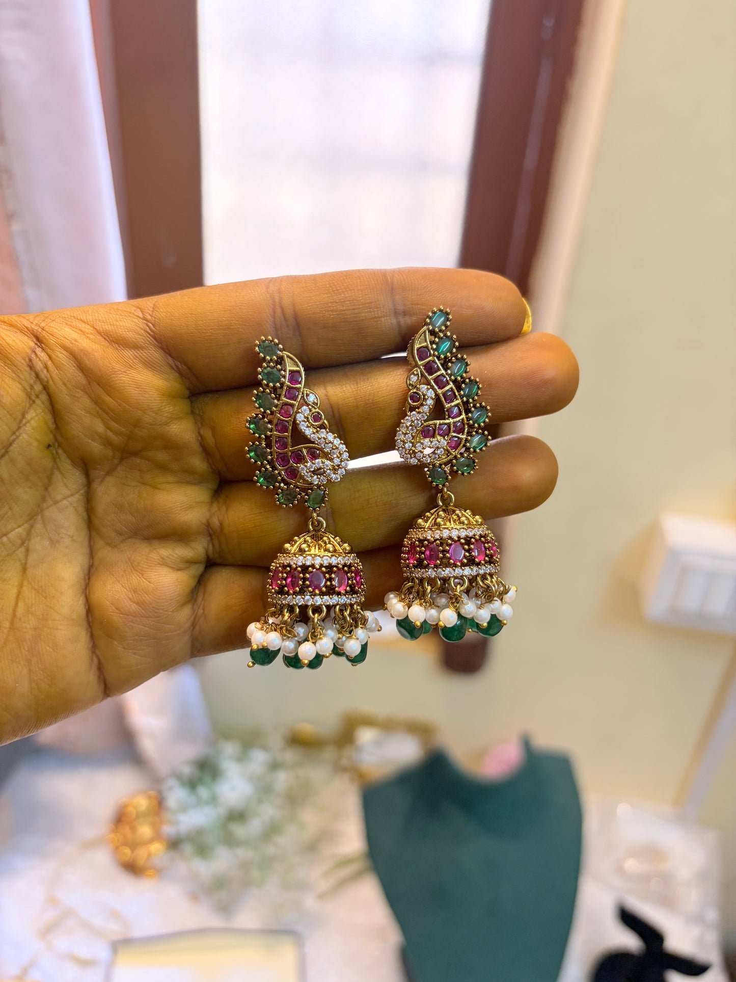 Cz stone peacock Jhumka