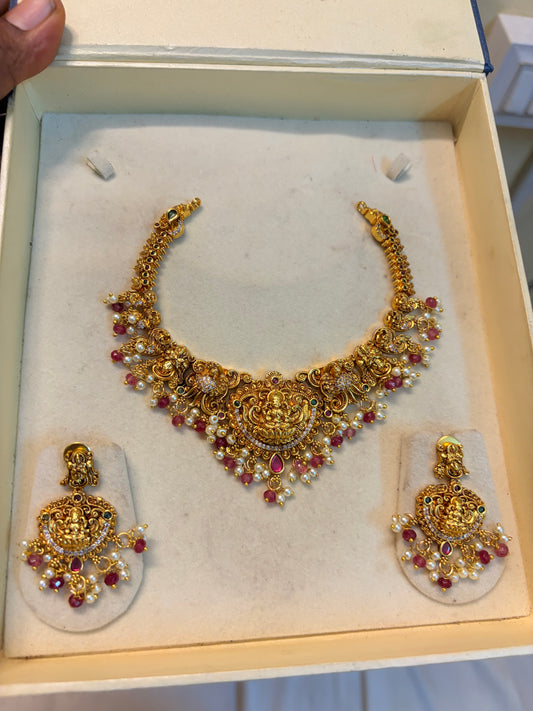 Gold Nakshi jadau necklace set with red beads accents