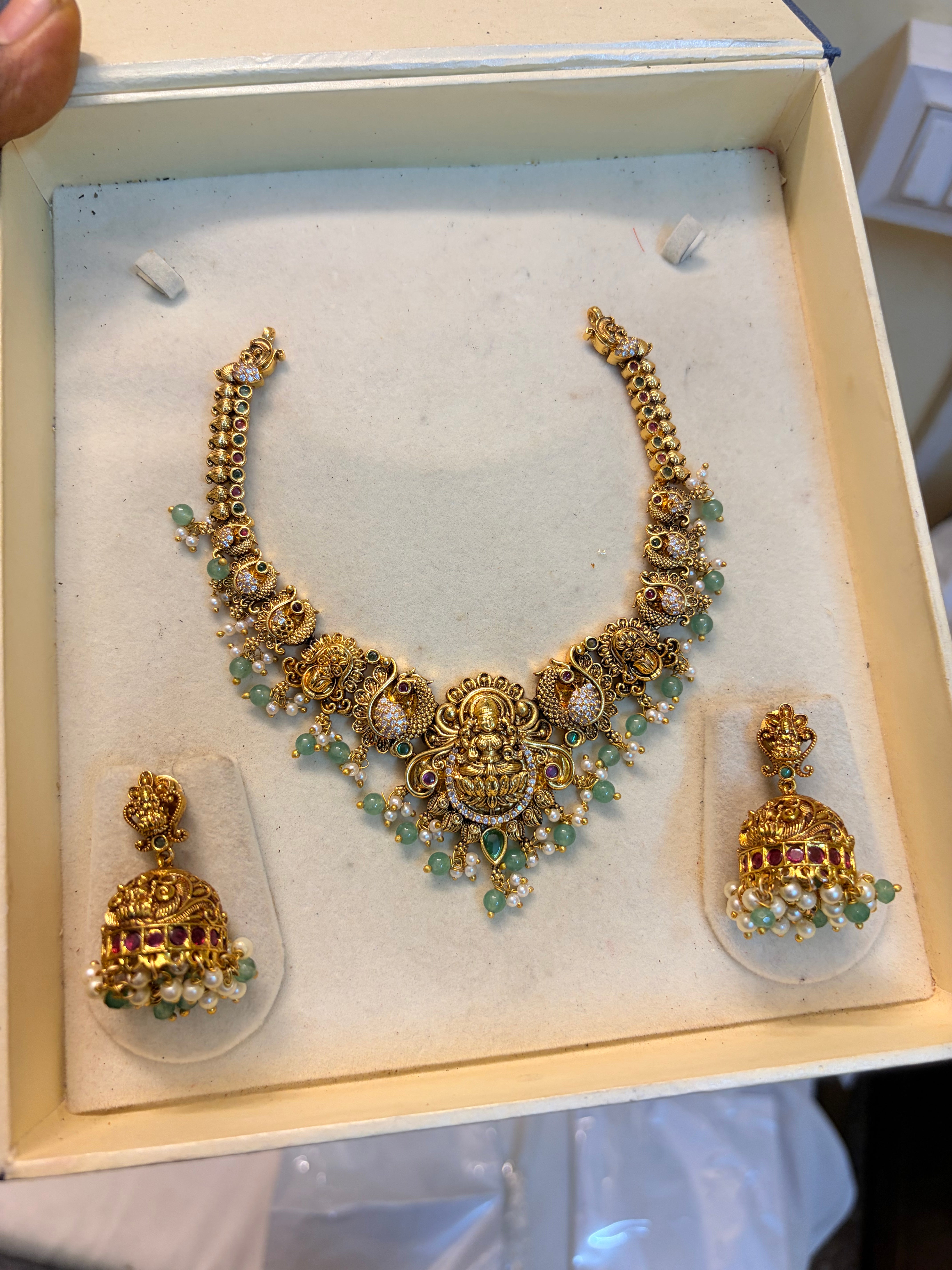 Gold antique peacock Lakshmi jadau necklace set